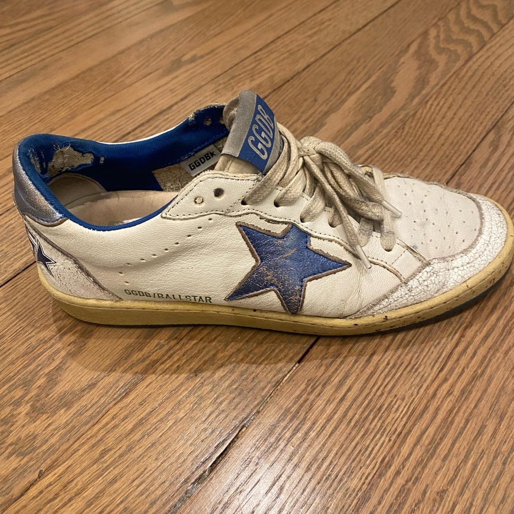 Golden Goose Sneakers with Blue Star and White Leather